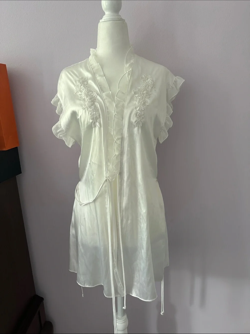 Vintage Ivory Satin Robe with Ruffle Trim